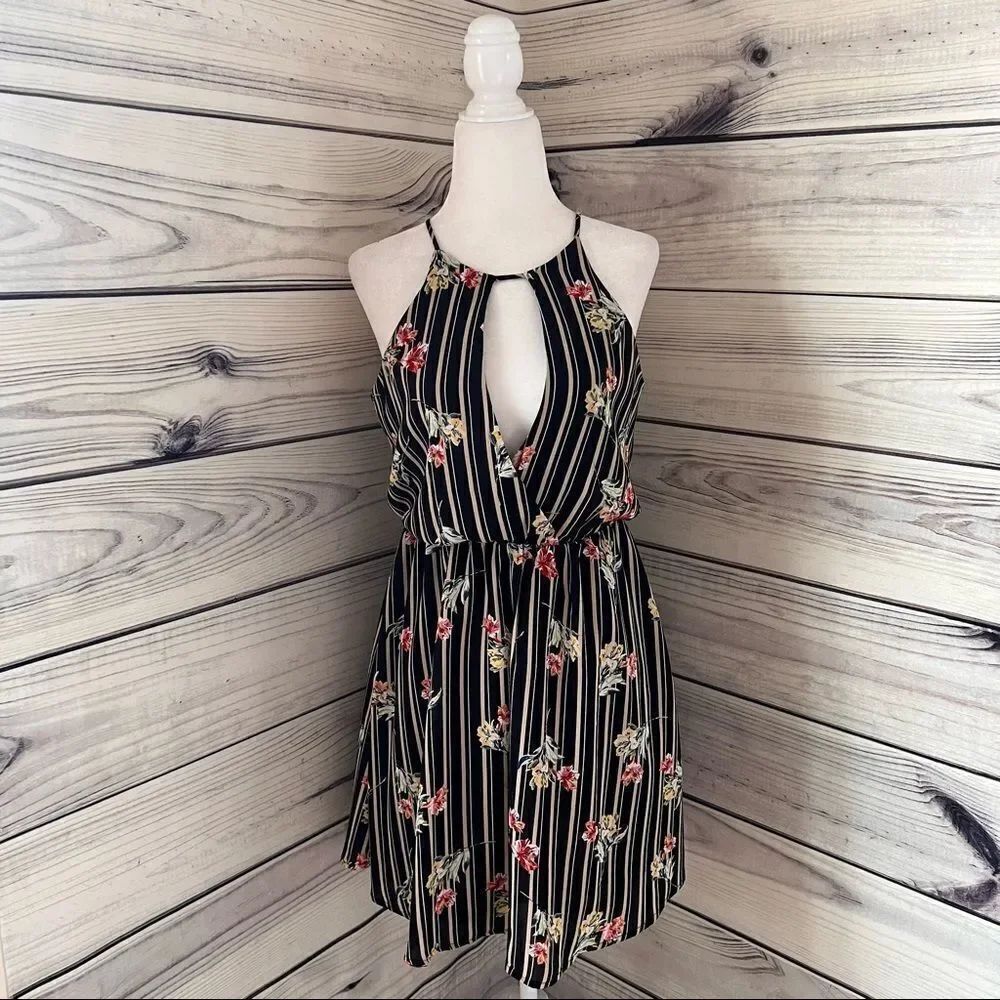 Lush Black & Beige Floral Striped Cutout Keyhole Dress Size XS